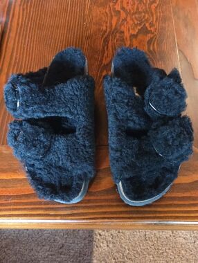 Papillio Black Fuzzy Slide Sandals with Dual Pom Straps